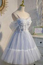 Blue Tulle Lace Short Sweet 16 Princess Homecoming Dress with Bowknot